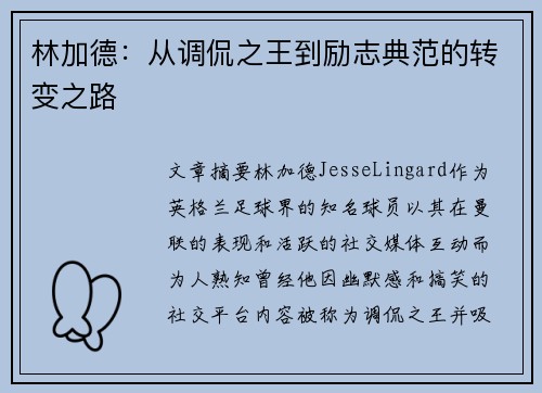 林加德：从调侃之王到励志典范的转变之路